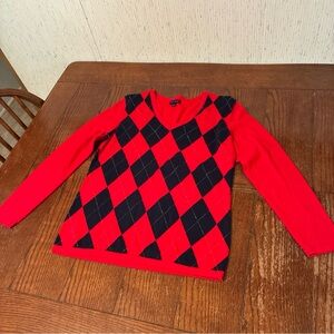 Tommy Hilfiger Sweater Women's M Diamond Argyle V Neck Preppy Red Blue